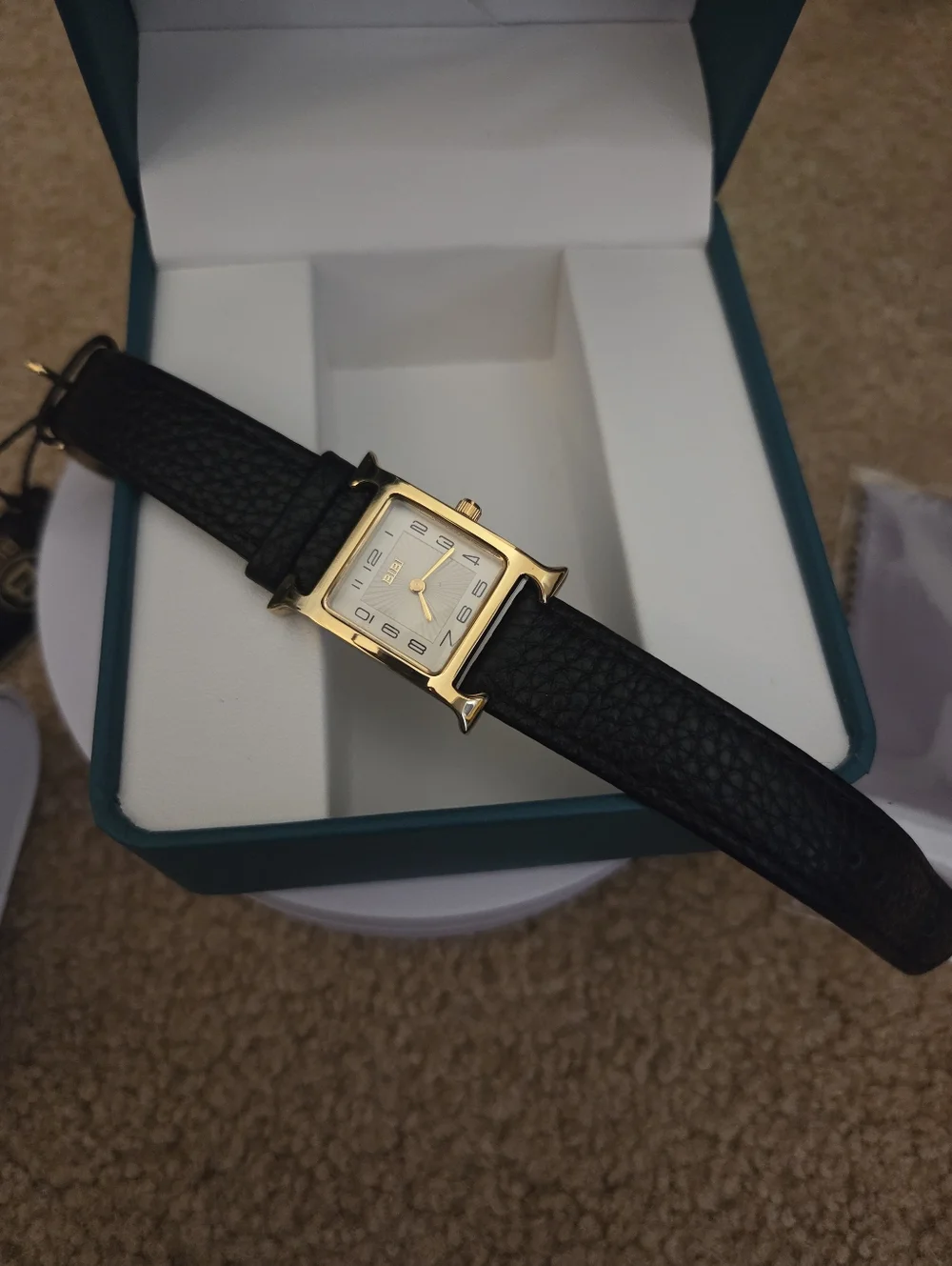 Bibi Luxury Square Gold Womens Watch Sunburst Face Brown Pebble Leather Strap